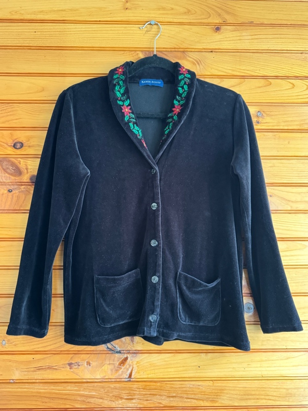 Karen Scott Black Velvet Christmas Jacket Embroidered Poinsettia Holiday S